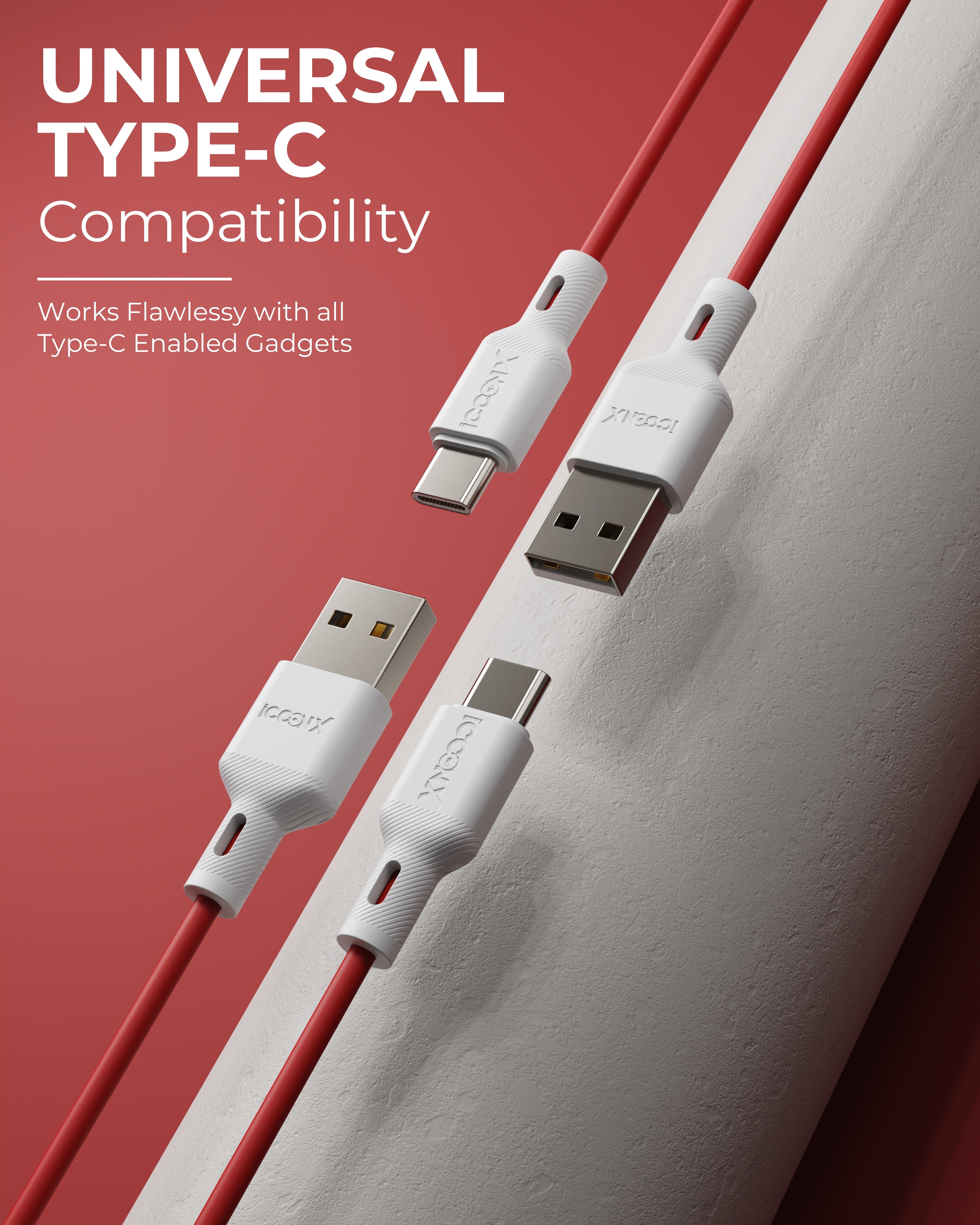 ICCON X LT-55 USB A To Type C Cable, 55W, Sync Cable, 1.0M Cable Length | Samsung | Oneplus | Xiaomi | Realme | Oppo & other android devices| Long Lasting Bending Capacity, Stable Current, 480 MBPS Data Transfer Speed, Data Sync | Designed for Ease.