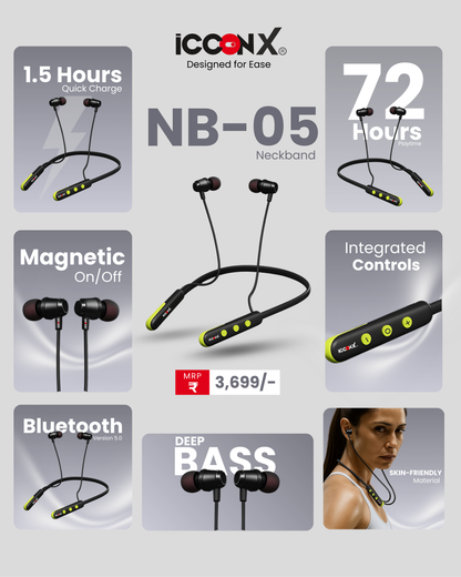 ICCONX Stereo Wireless Neckband NB-05 | 72Hrs Playtime | Bluetooth 5.0 | Fast Charging | Magnetic Earbuds | Full Charge in  1.5 Hours | Designed for Ease.