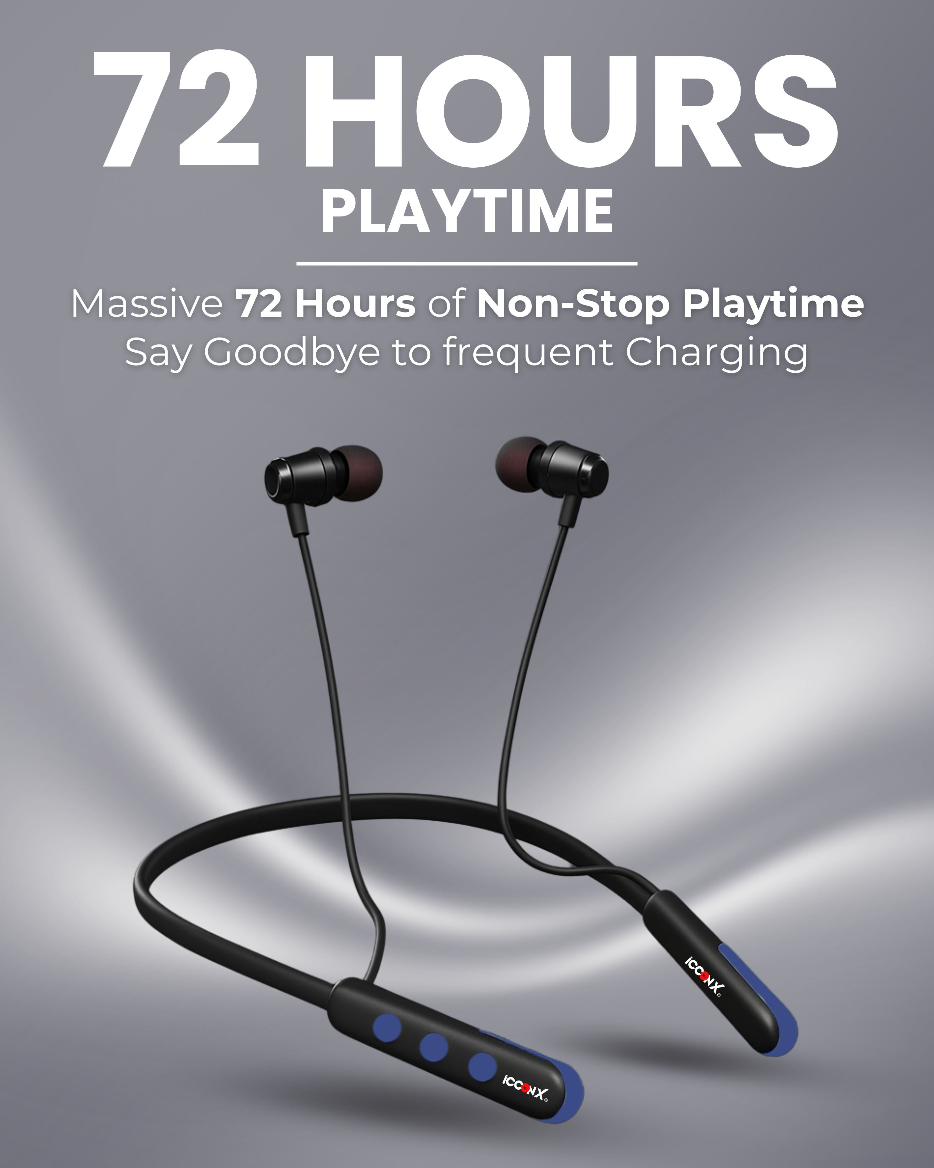 ICCONX Stereo Wireless Neckband NB-05 | 72Hrs Playtime | Bluetooth 5.0 | Fast Charging | Magnetic Earbuds | Full Charge in  1.5 Hours | Designed for Ease.