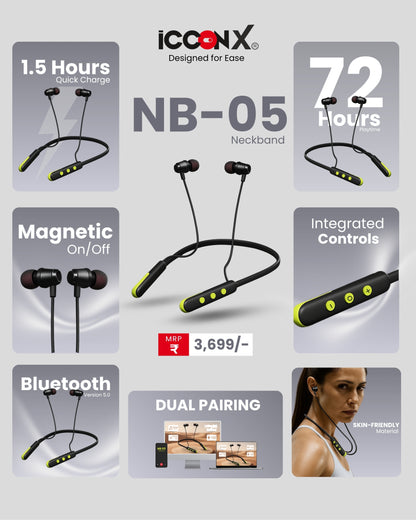 ICCONX Stereo Wireless Neckband NB-05 | 72Hrs Playtime | Bluetooth 5.0 | Fast Charging | Magnetic Earbuds | Full Charge in  1.5 Hours | Designed for Ease.