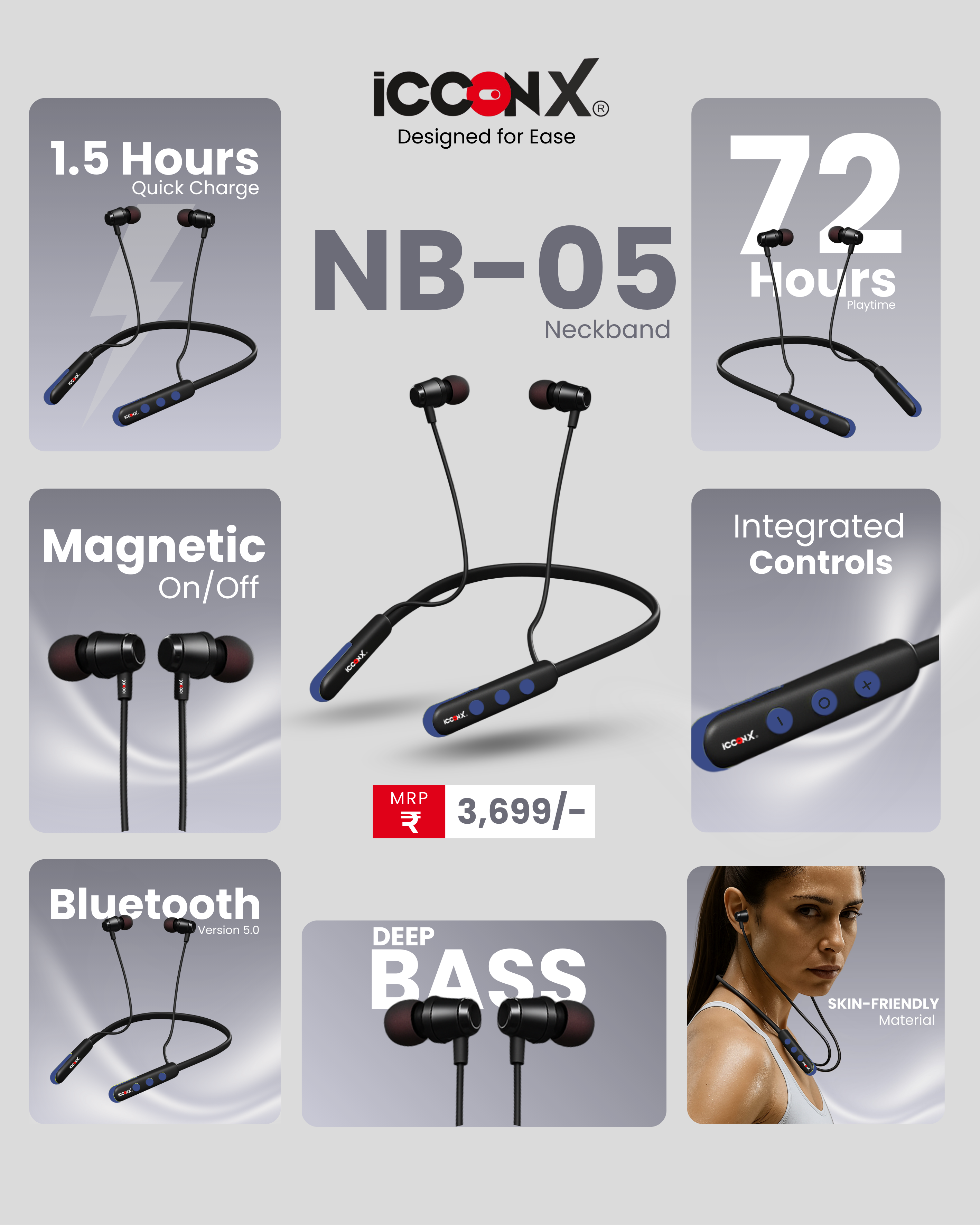 ICCONX Stereo Wireless Neckband NB-05 | 72Hrs Playtime | Bluetooth 5.0 | Fast Charging | Magnetic Earbuds | Full Charge in  1.5 Hours | Designed for Ease.