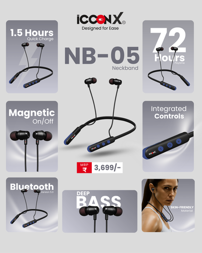 ICCONX Stereo Wireless Neckband NB-05 | 72Hrs Playtime | Bluetooth 5.0 | Fast Charging | Magnetic Earbuds | Full Charge in  1.5 Hours | Designed for Ease.
