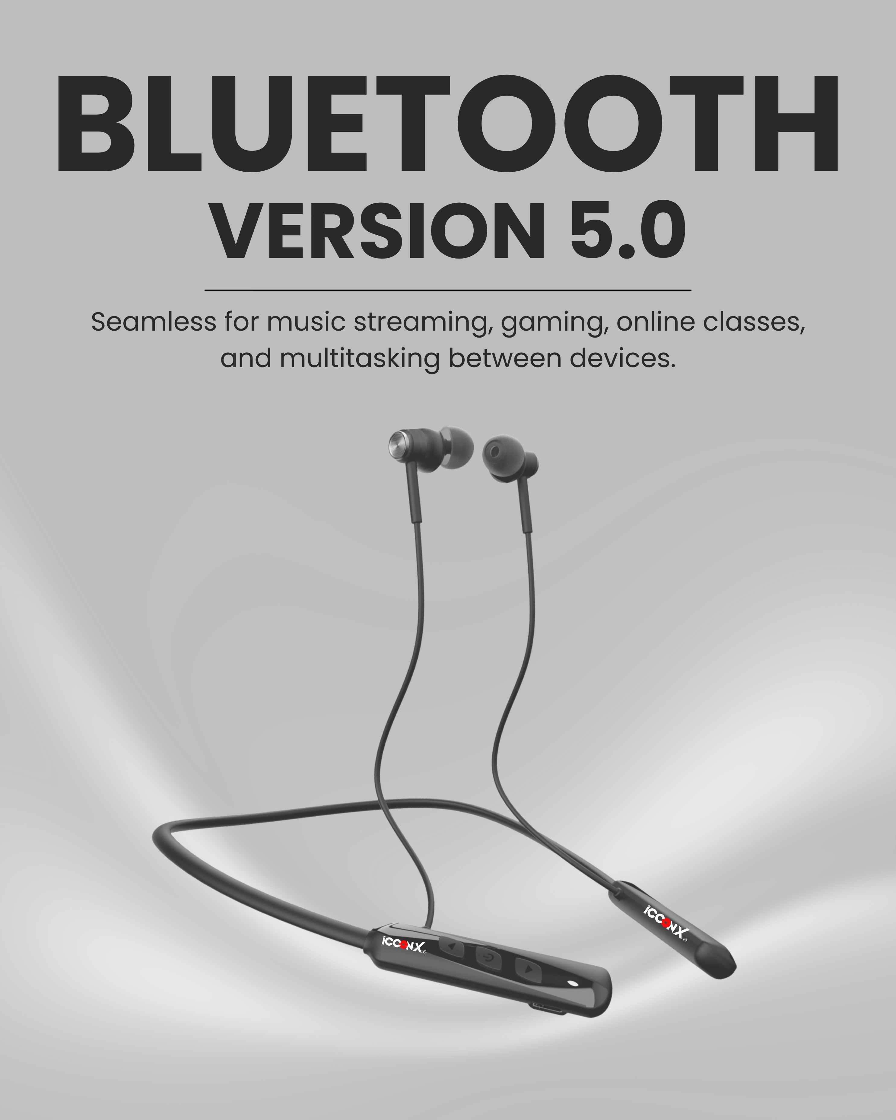 ICCONX Stereo Wireless Neckband Neobolt-06 - Grey | 75 Hours Playtime | Fast Charging | Magnetic ON/OFF | Bluetooth 5.0 | Multi-Directional Mic | Designed for Ease