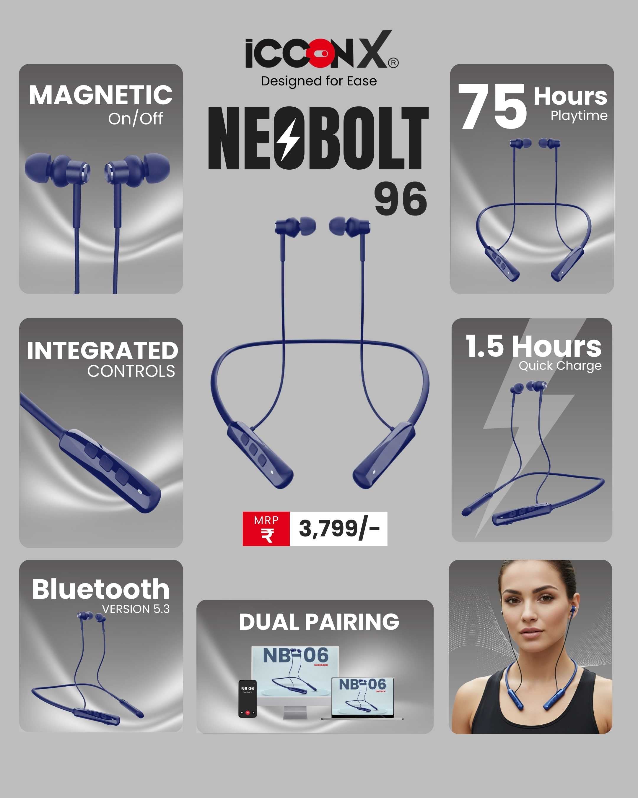 ICCONX Stereo Wireless Neckband Neobolt-06 - Blue | 75 Hours Playtime | Fast Charging | Magnetic ON/OFF | Bluetooth 5.0 | Multi-Directional Mic | Designed for Ease