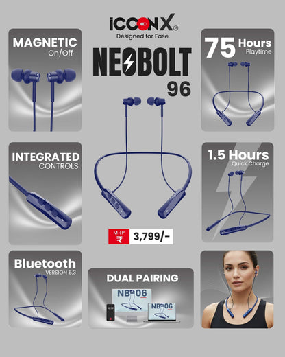 ICCONX Stereo Wireless Neckband Neobolt-06 - Blue | 75 Hours Playtime | Fast Charging | Magnetic ON/OFF | Bluetooth 5.0 | Multi-Directional Mic | Designed for Ease