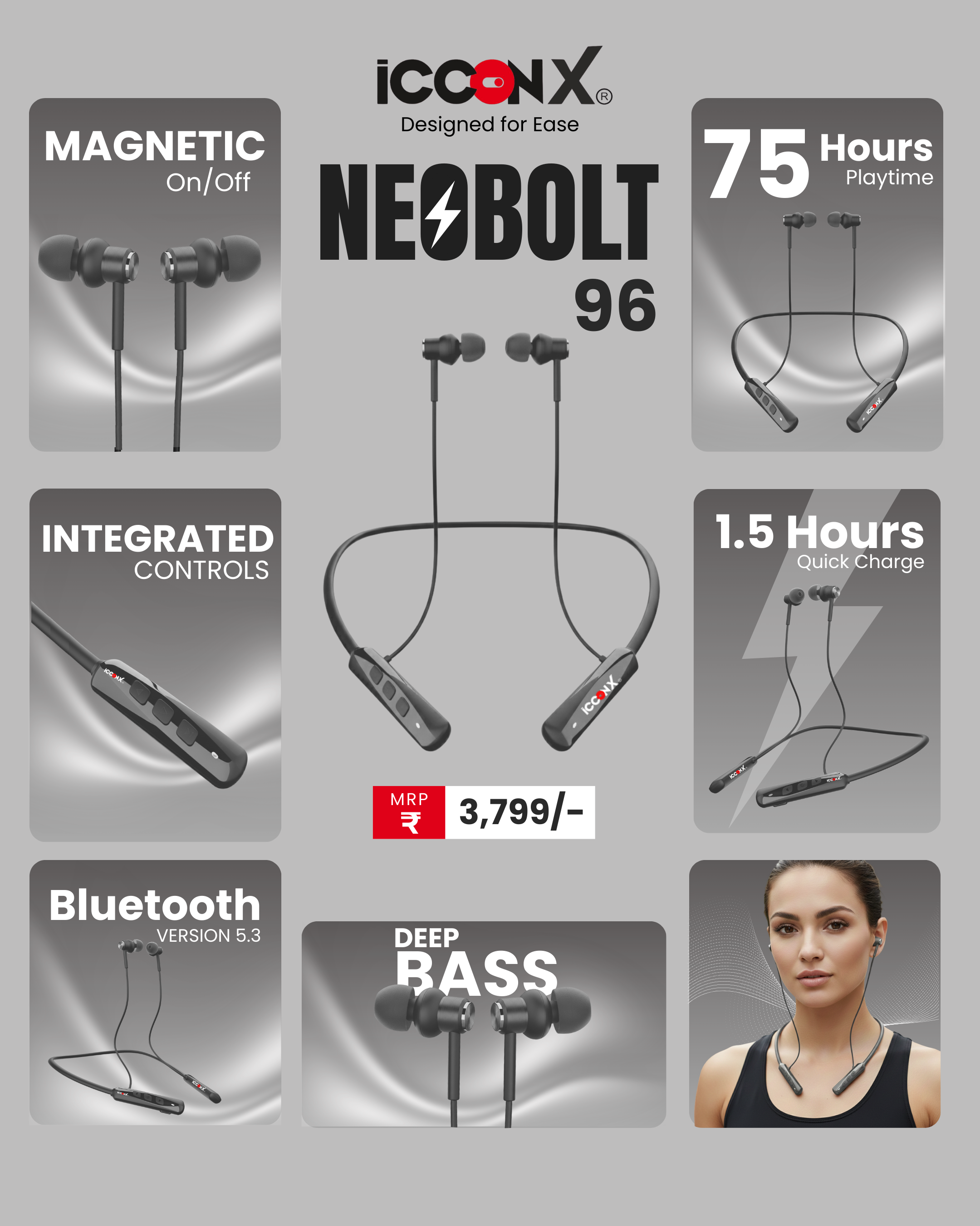 ICCONX Stereo Wireless Neckband Neobolt-06 - Grey | 75 Hours Playtime | Fast Charging | Magnetic ON/OFF | Bluetooth 5.0 | Multi-Directional Mic | Designed for Ease