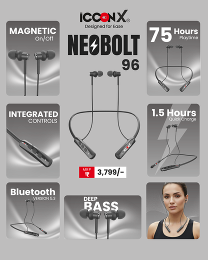 ICCONX Stereo Wireless Neckband Neobolt-06 - Grey | 75 Hours Playtime | Fast Charging | Magnetic ON/OFF | Bluetooth 5.0 | Multi-Directional Mic | Designed for Ease