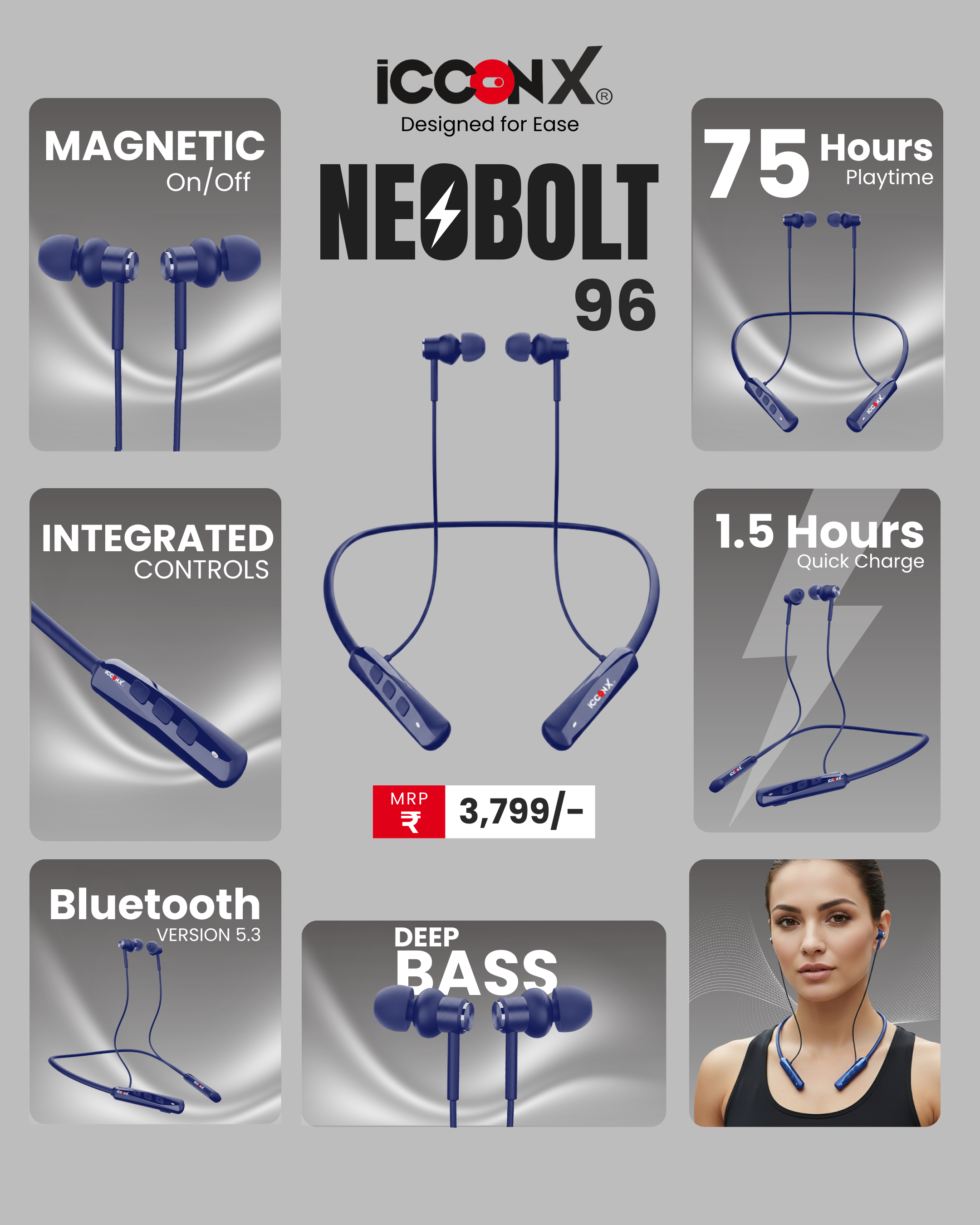 ICCONX Stereo Wireless Neckband Neobolt-06 - Blue | 75 Hours Playtime | Fast Charging | Magnetic ON/OFF | Bluetooth 5.0 | Multi-Directional Mic | Designed for Ease