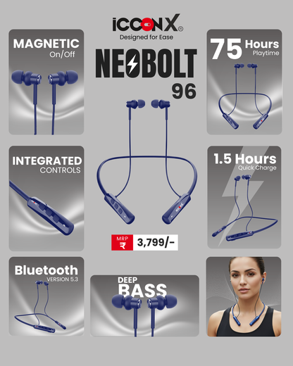 ICCONX Stereo Wireless Neckband Neobolt-06 - Blue | 75 Hours Playtime | Fast Charging | Magnetic ON/OFF | Bluetooth 5.0 | Multi-Directional Mic | Designed for Ease