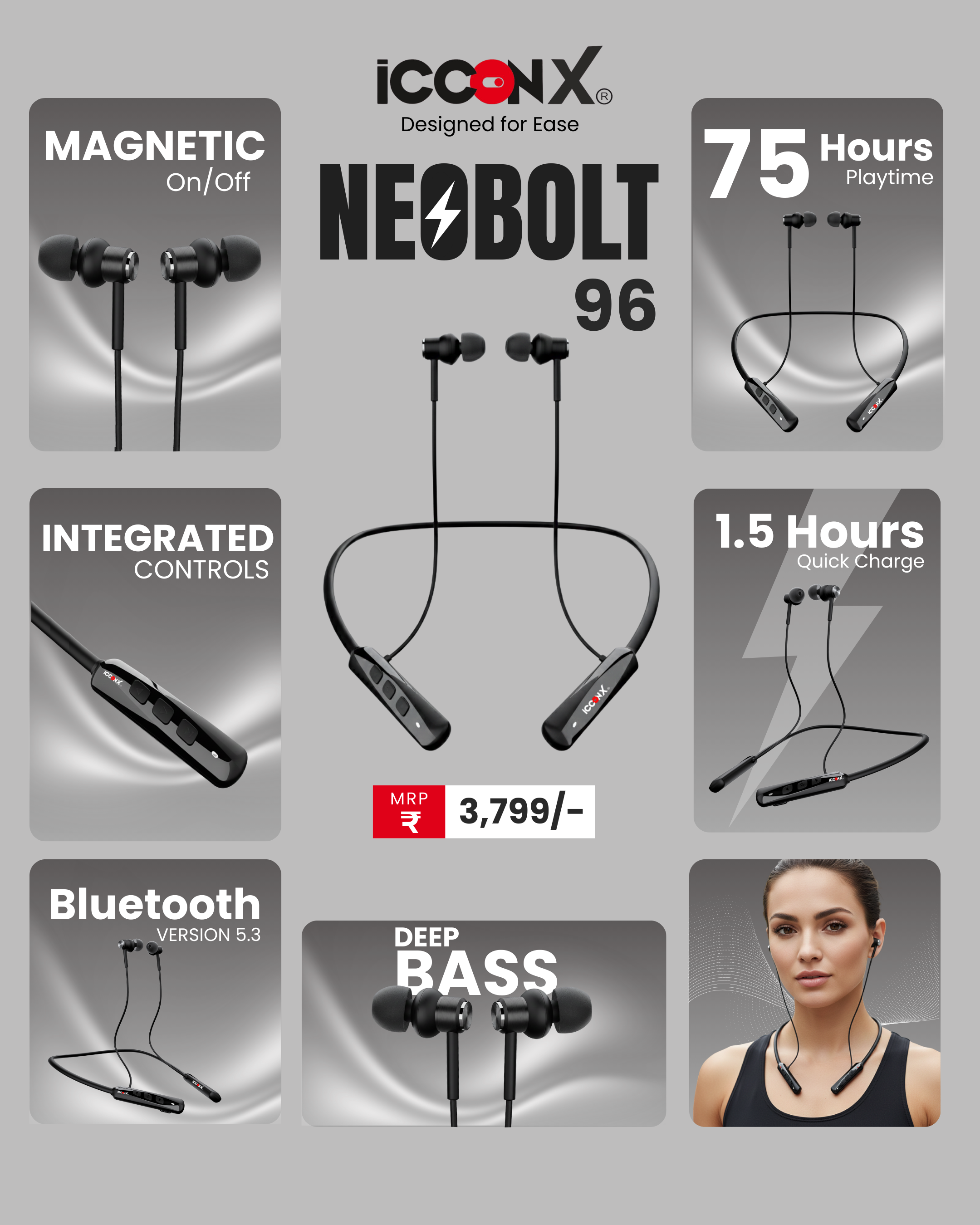 ICCONX Stereo Wireless Neckband Neobolt-06 | 75 Hours Playtime | Fast Charging | Magnetic ON/OFF | Bluetooth 5.0 | Multi-Directional Mic | Designed for Ease