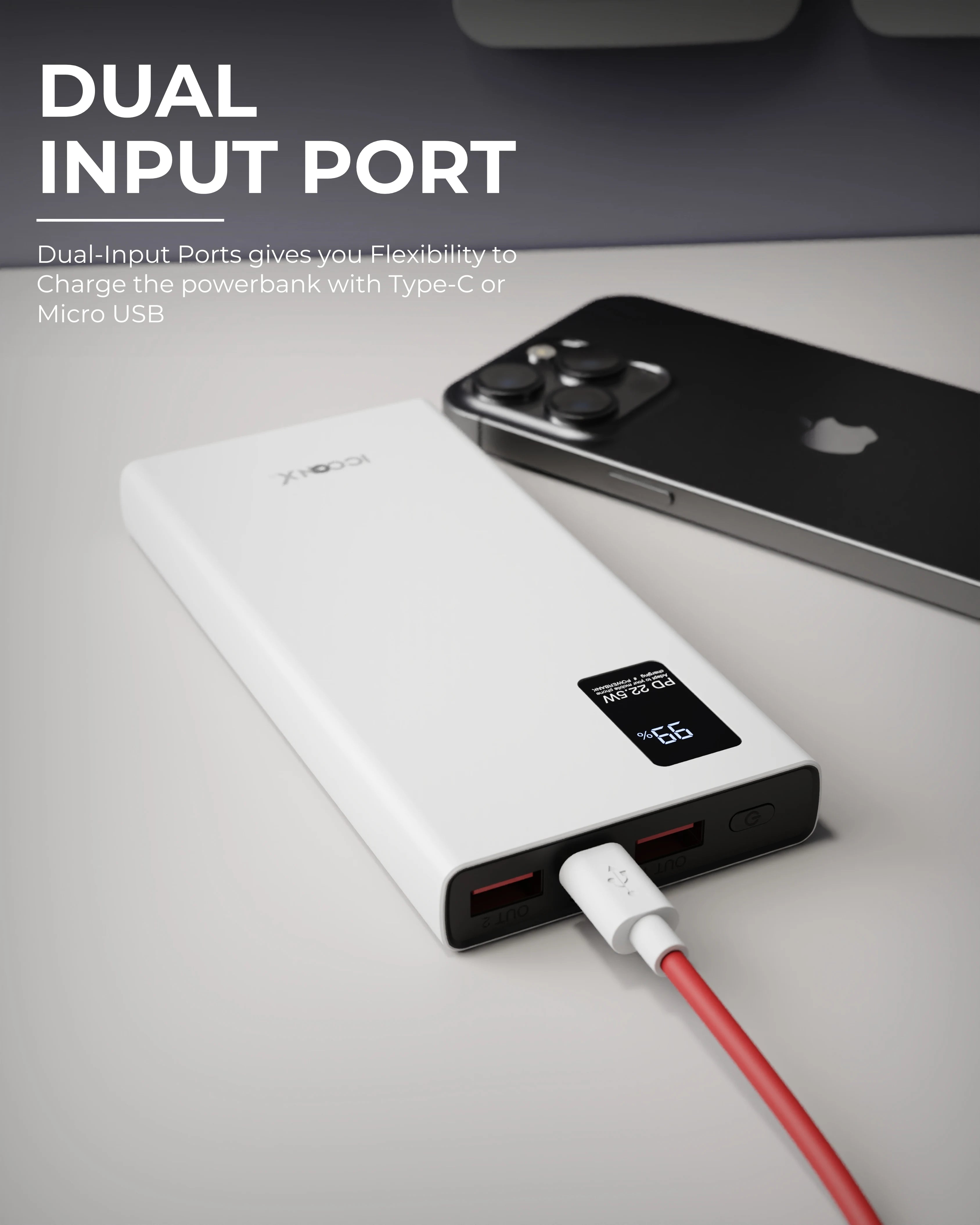 ICCON X PB-140 Powerbank | 10000mAh | 22.5W Fast Charging | QC + PD | Dual Input Port : Type C & Micro USB | Triple Output Port : 2X USB & Type C | LED Indicator| for All iPhone & Android | designed for ease