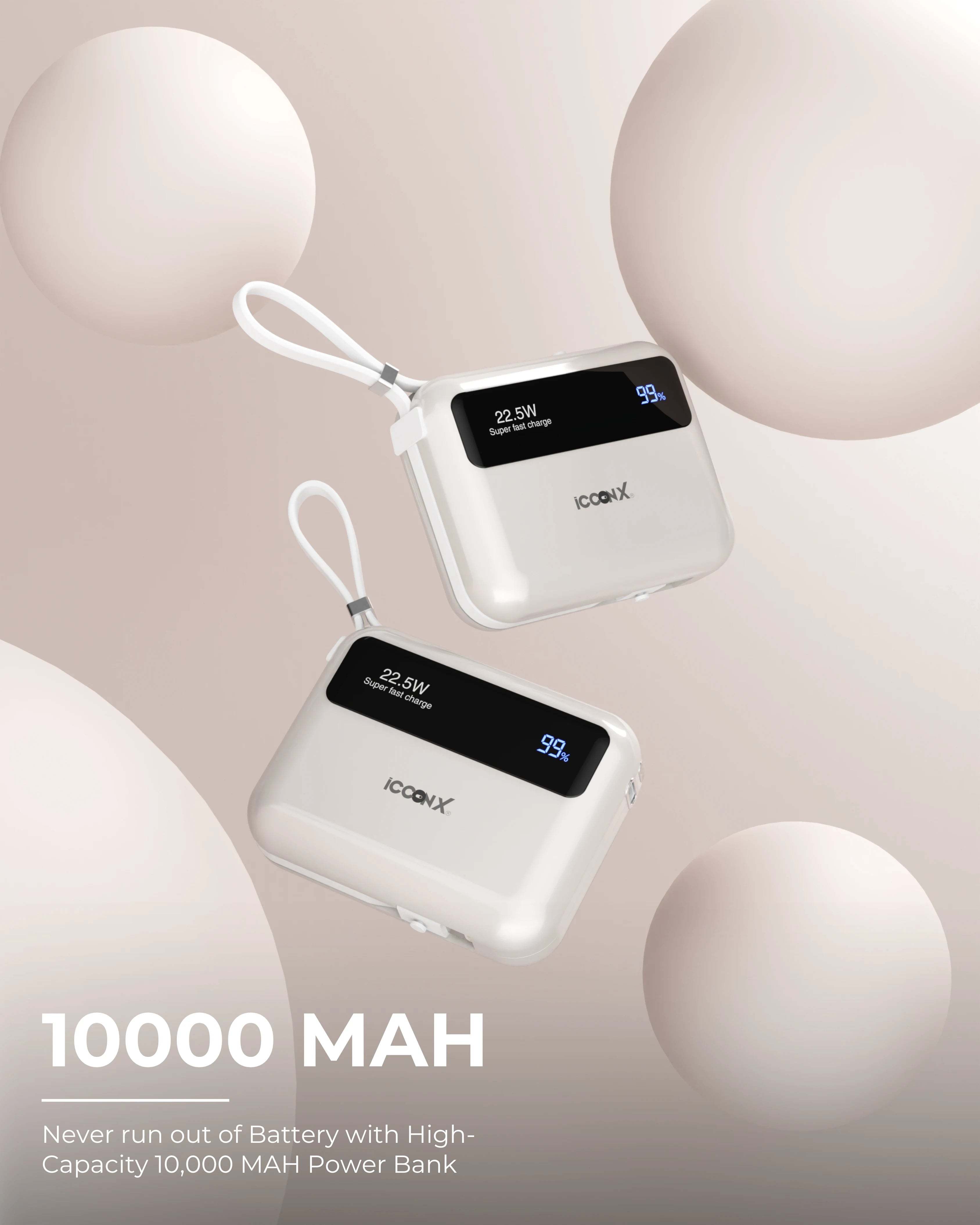 ICCON X PB-150 10000mAh PD+QC 22.5W Slim & Compact Powerbank with in-Build LIGHTNING CABLE & Type C Cable, Fast Charging, USB & Type C Output, Power Delivery, Quick Charge for iPhone, Android & Tablets, Designed for Ease