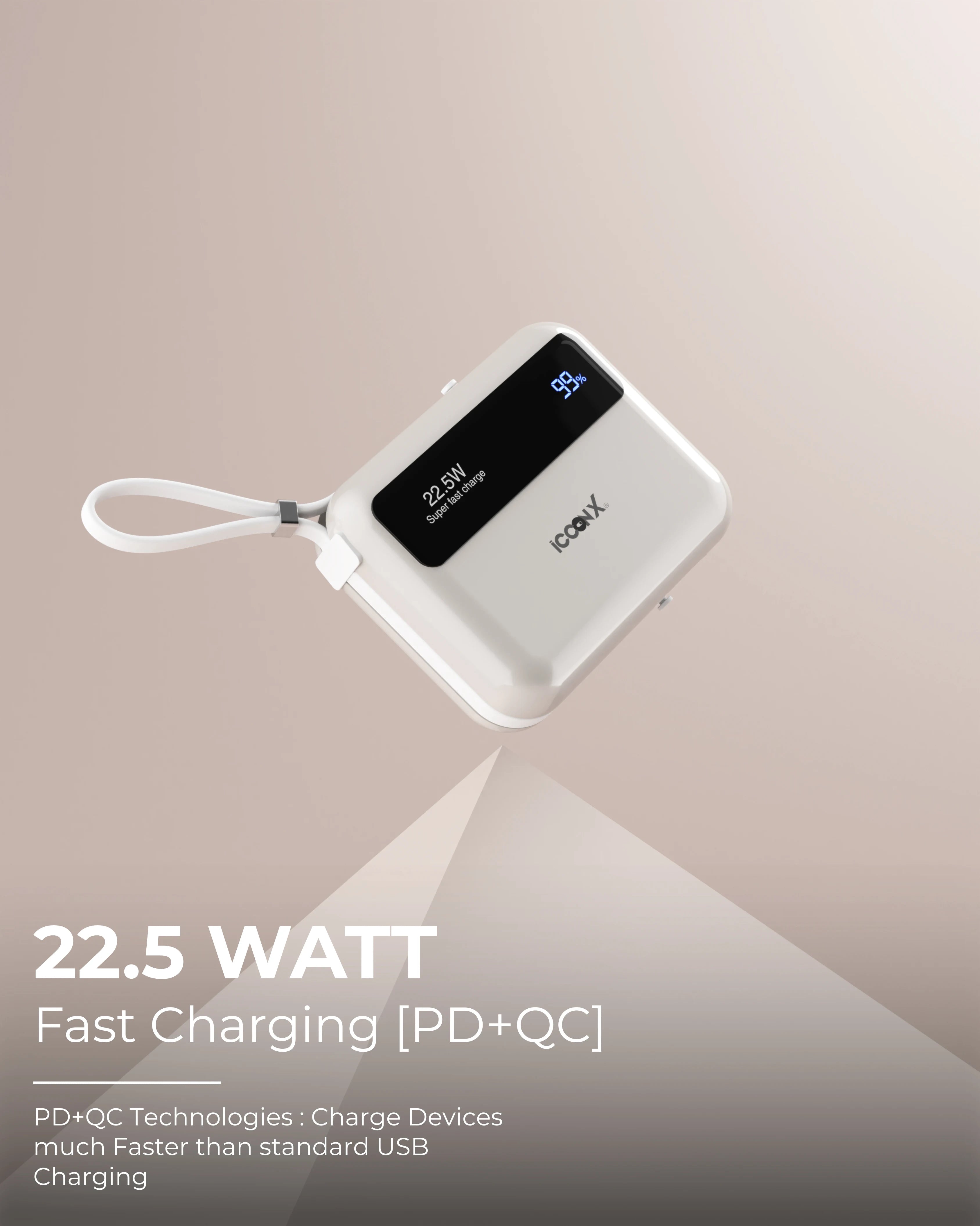 ICCON X PB-150 10000mAh PD+QC 22.5W Slim & Compact Powerbank with in-Build LIGHTNING CABLE & Type C Cable, Fast Charging, USB & Type C Output, Power Delivery, Quick Charge for iPhone, Android & Tablets, Designed for Ease