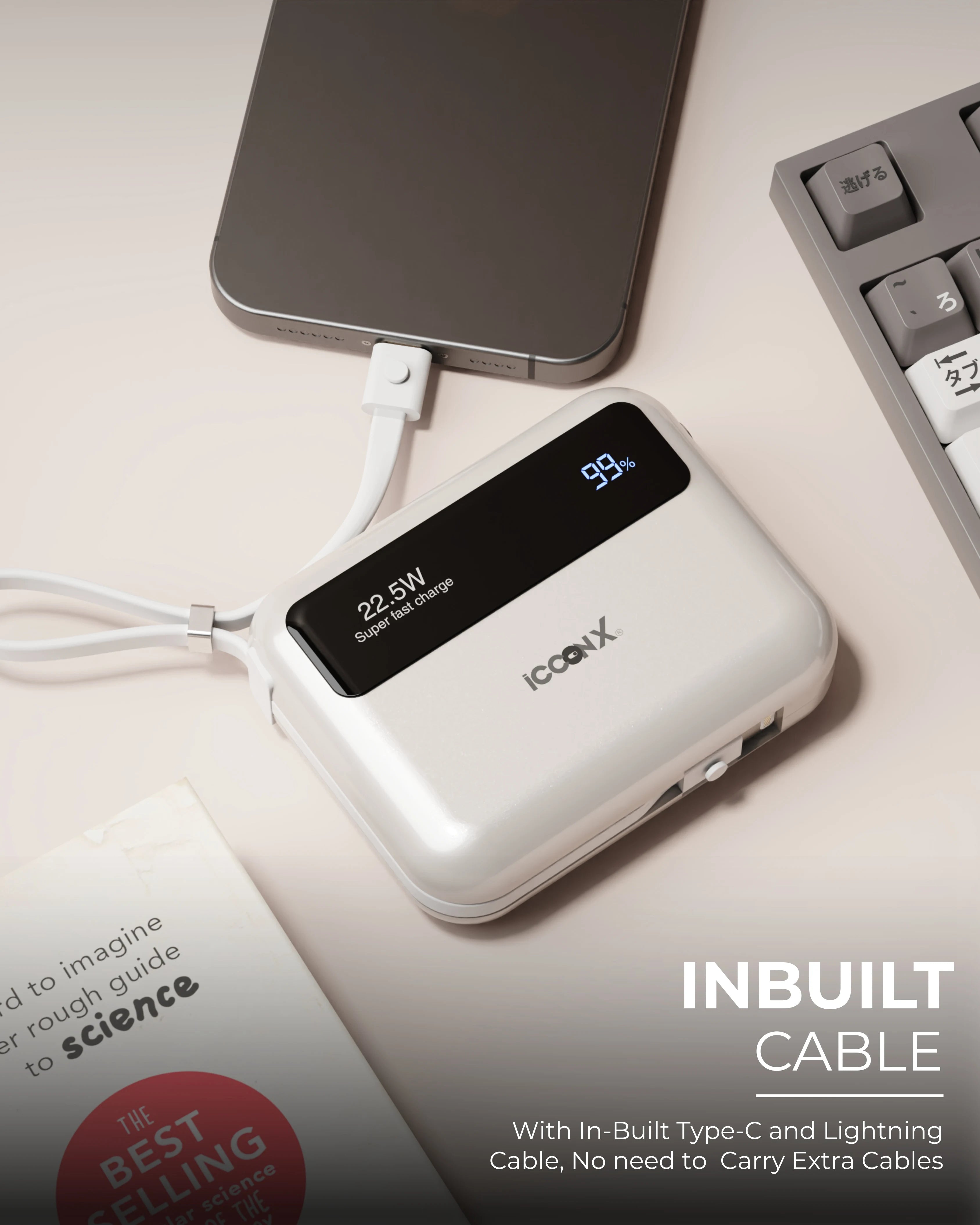 ICCON X PB-150 10000mAh PD+QC 22.5W Slim & Compact Powerbank with in-Build LIGHTNING CABLE & Type C Cable, Fast Charging, USB & Type C Output, Power Delivery, Quick Charge for iPhone, Android & Tablets, Designed for Ease