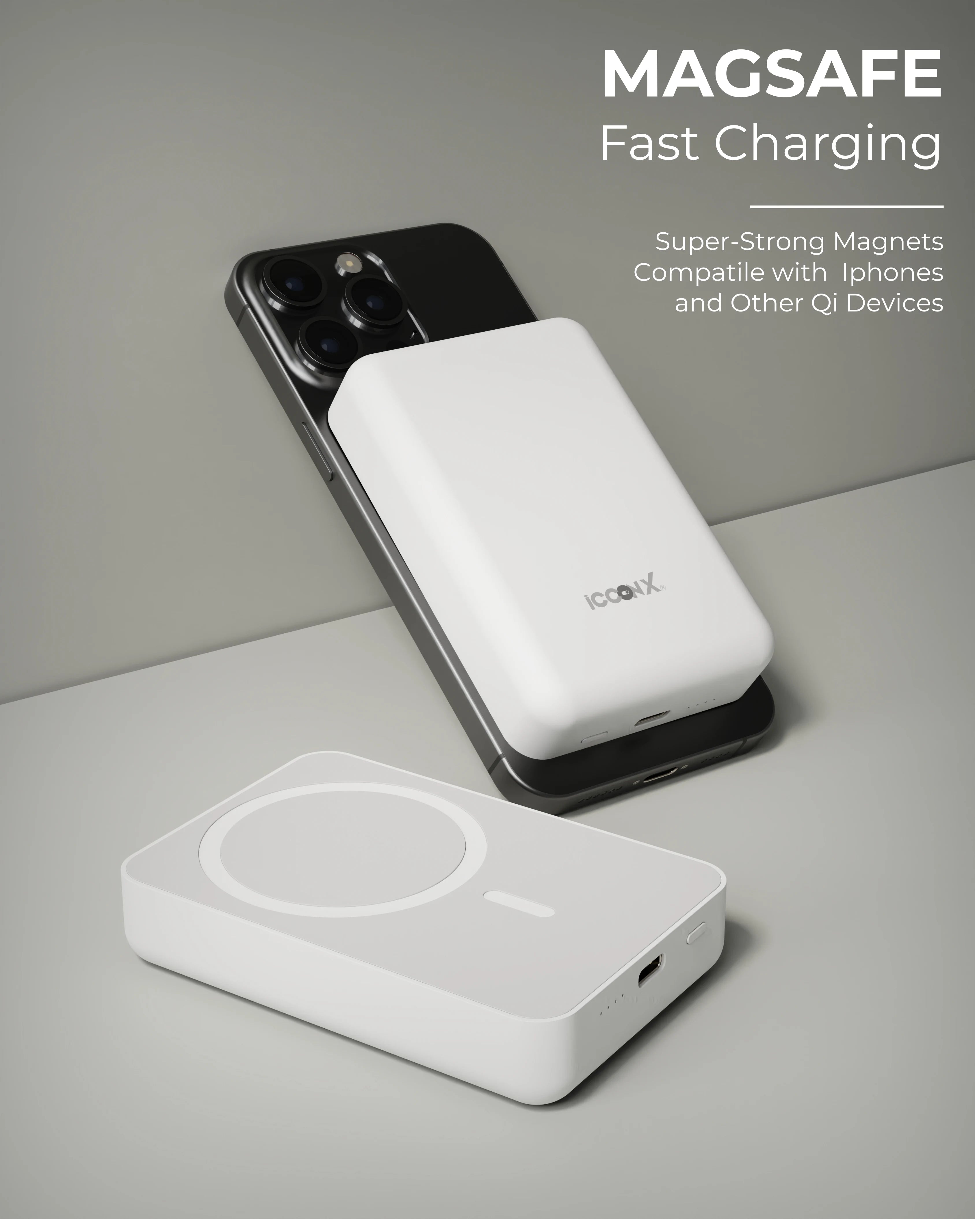 ICCON X PB-160 Magsafe Wireless 10000mAh Fast Charging Power Bank,Strong Magnet,22.5W Output for iPhone Back Cover & Above,Android & Other Qi Enabled Devices + Magnetic Ring, Designed for ease