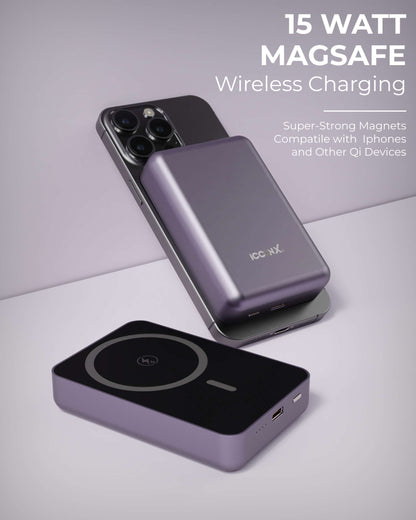 ICCON X PB-170 Magsafe Wireless 10000mAh Fast Charging Power Bank, Strong Magnet,15W Output for iPhone & Android & Other Qi Enabled Devices + Magnetic Ring, Designed for ease