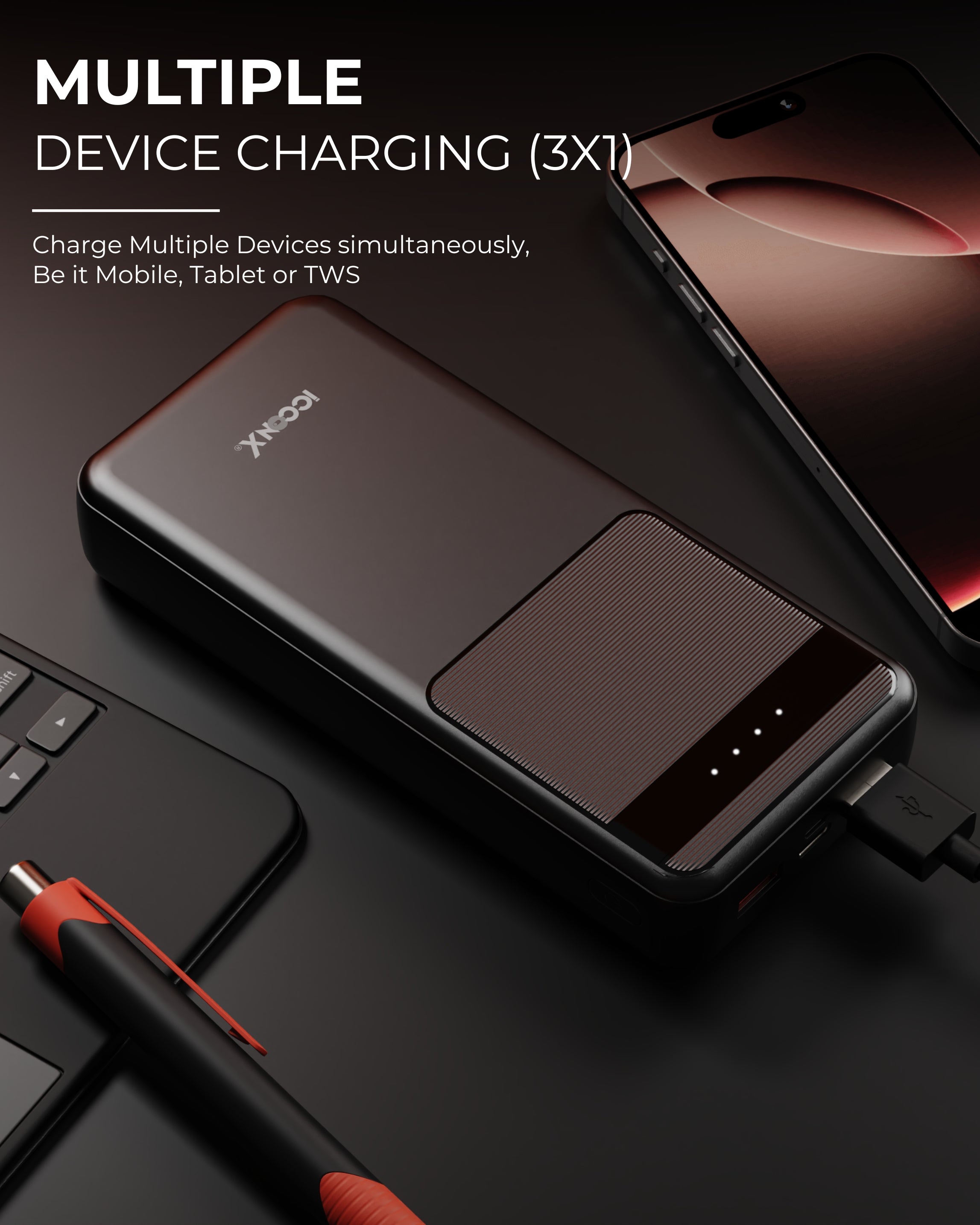 ICCON X PB-220 Powerbank | 20000mAh | 22.5W Fast Charging | QC + PD | Dual Input Port : Type C & Micro USB | Triple Output Port : 2X USB & Type C | LED Indicator| for All iPhone & Android Designed for ease