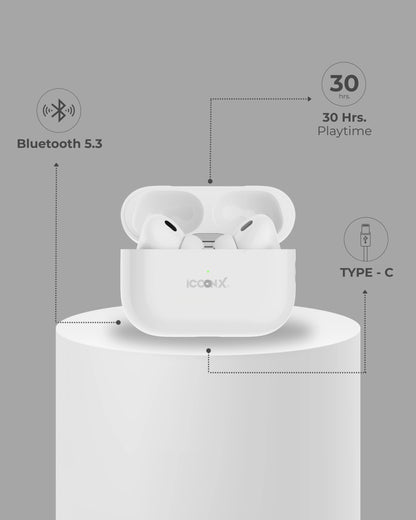 ICCON X AP-PRO91 True wireless earbuds, BT 5.3, Comfort fit, Type-C Port, Up to 30hrs playtime, Splash proof, Gaming Mode 35ms, Deep Bass, Fast Charging, Touch Control,30H Backup, Made in India, 10mm Rich Bass Drivers,
