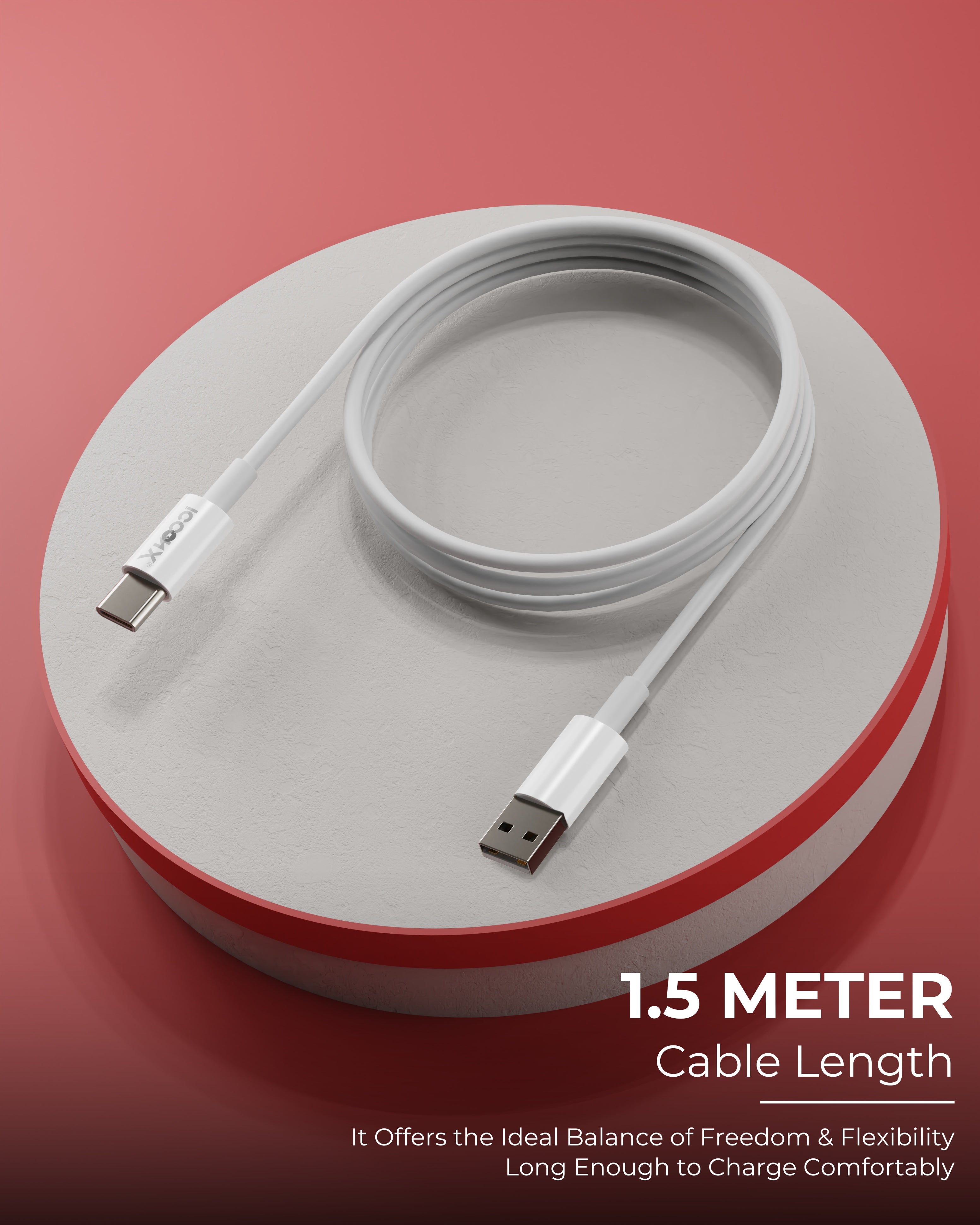 ICCON X TH-18 USB A to Type C Cable 66W Fast Charging, 1.5M Long, 3.5MM Thick, 10K Insertion & Bend Life, 480MBPS Data Transfer, Sync Cable for Samsung, OnePlus, Xiaomi, Realme, Oppo, Android Devices, Stable Current, Long Lasting Durability