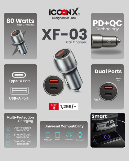 ICCONX XF-03 | 80W Car Charger with PD + QC Fast Charging | Dual Port (USB + PD) | Smart Chip for Multi-Protocol Support | High-Speed USB-C Adapter for Cars & Android, Smartphone | Designed for Ease.