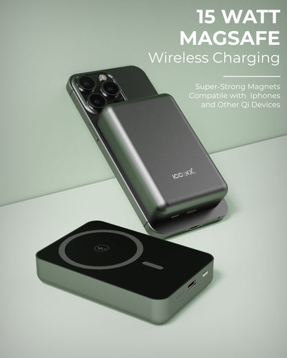 ICCON X PB-170 Magsafe Wireless 10000mAh Fast Charging Power Bank, Strong Magnet,15W Output for iPhone & Android & Other Qi Enabled Devices + Magnetic Ring, Designed for ease