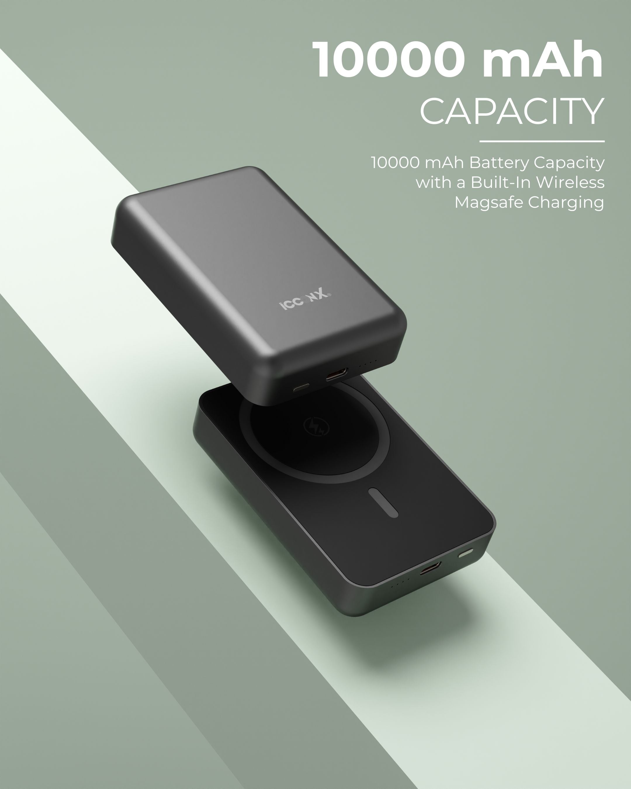 ICCON X PB-170 Magsafe Wireless 10000mAh Fast Charging Power Bank, Strong Magnet,15W Output for iPhone & Android & Other Qi Enabled Devices + Magnetic Ring, Designed for ease