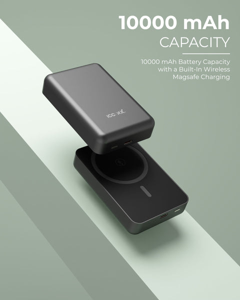 ICCON X PB-170 Magsafe Wireless 10000mAh Fast Charging Power Bank, Strong Magnet,15W Wireless Output for iPhone & Android & Other Qi Enabled Devices, Designed for ease