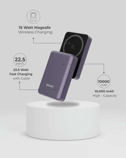 ICCON X PB-170 Magsafe Wireless 10000mAh Fast Charging Power Bank, Strong Magnet,15W Output for iPhone & Android & Other Qi Enabled Devices + Magnetic Ring, Designed for ease