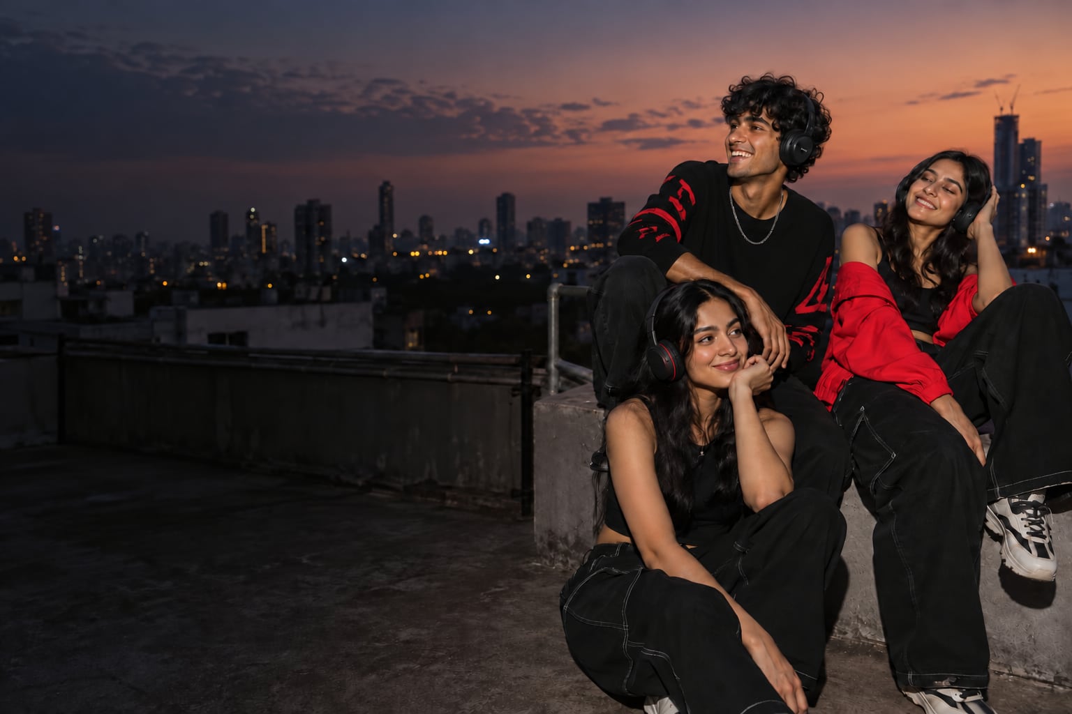 Three friends sharing music on a city rooftop at dusk