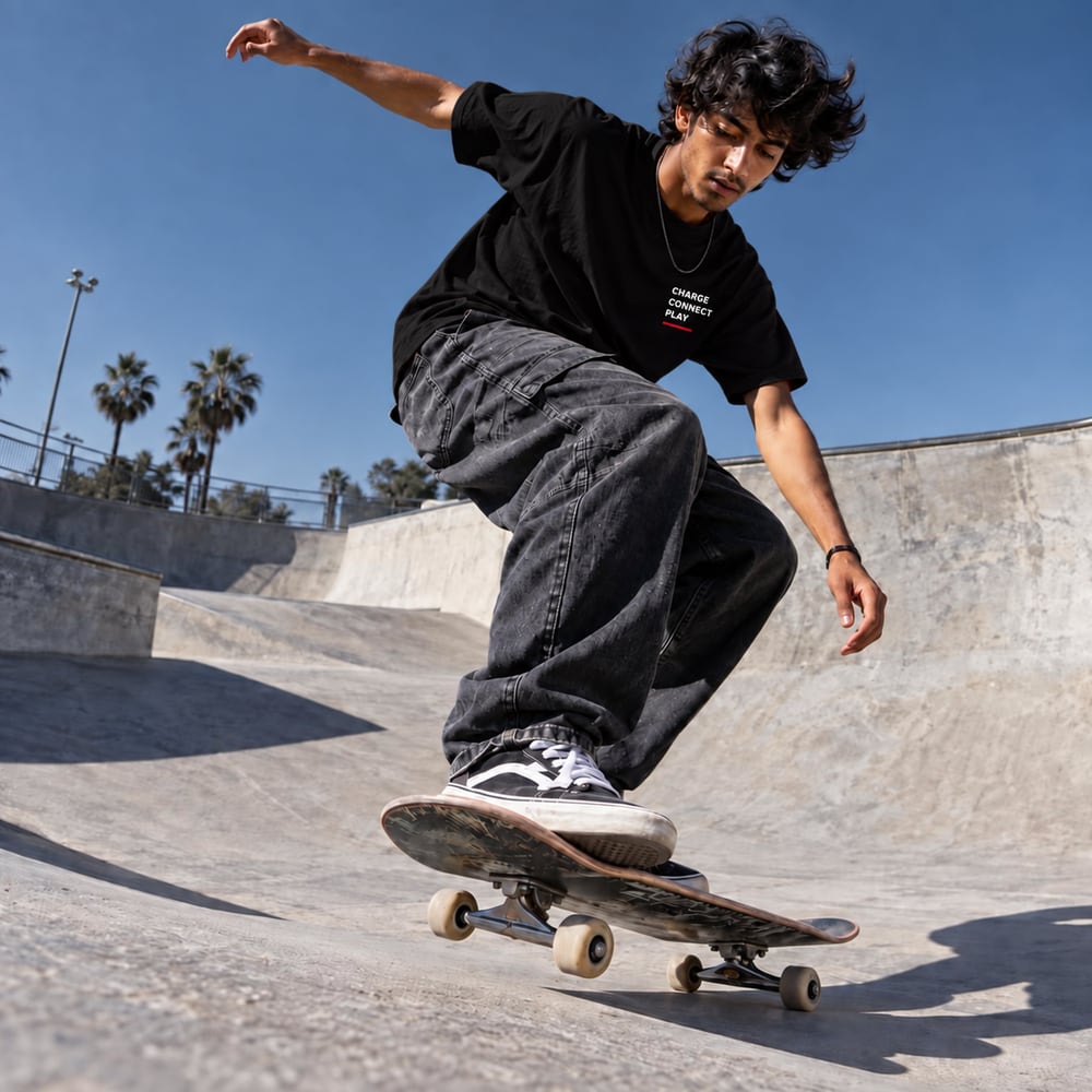 Skateboarder at a sunlit concrete skatepark