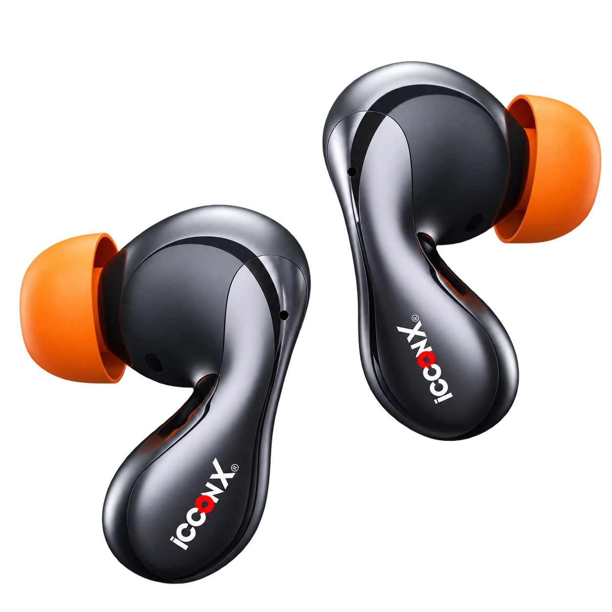 icconX EXOBOLT-201 gunmetal earbuds with orange tips